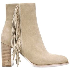 NWT SAM EDELMAN Ona Sesame Suede Fringe Ankle Booties Block Heel 9.5 MSRP $228